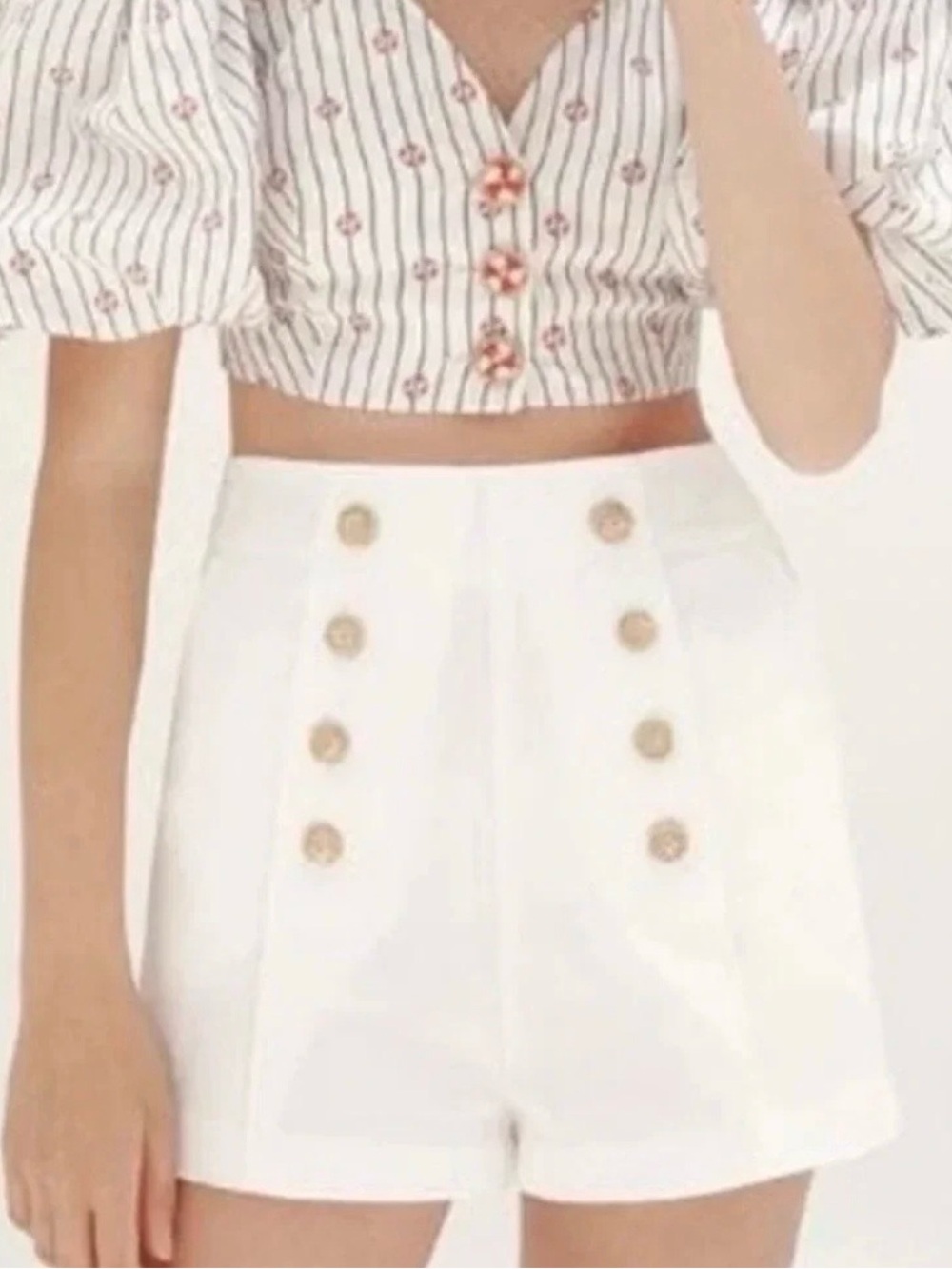 High-Waist White Sailor Button Shorts